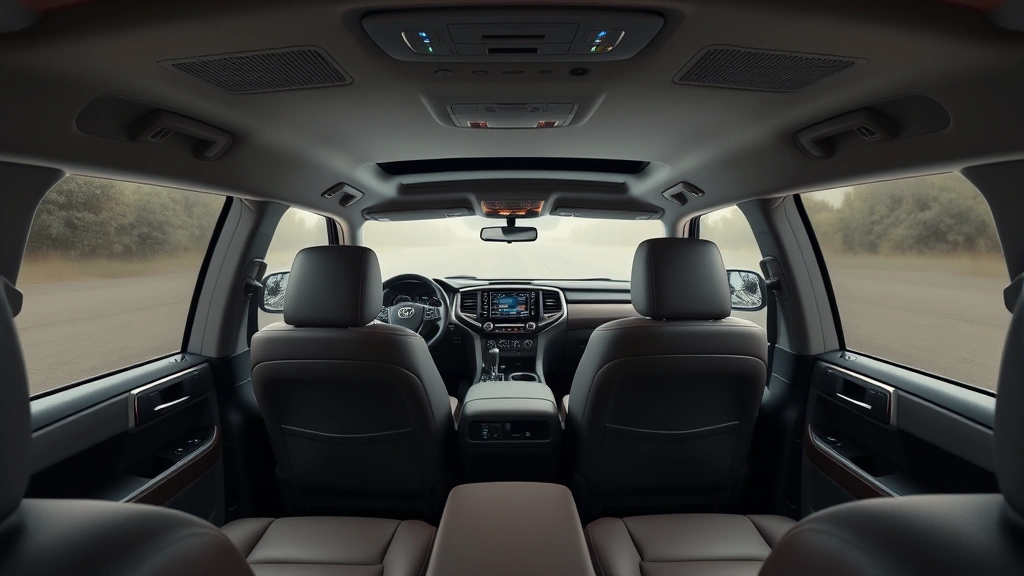 Overhead interior shot of 2023 Toyota Sequoia cabin displaying spacious seating configuration with premium leather upholstery, modern touchscreen dashboard, ambient lighting, and panoramic view showing comfortable second and third row seating