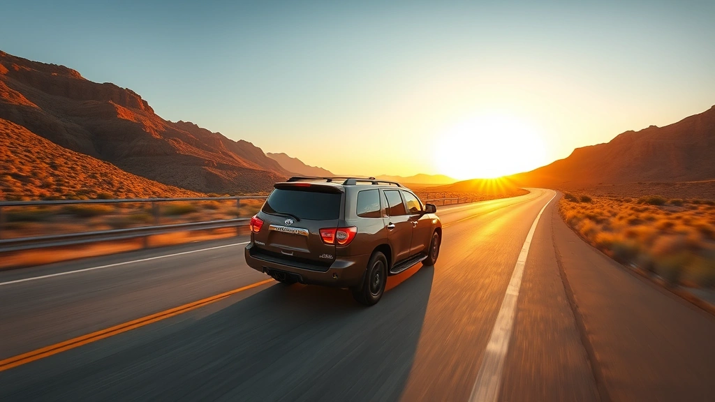 Wide-angle photograph of Toyota Sequoia driving on open highway during golden hour sunset, demonstrating vehicle in motion on pristine road with scenic landscape backdrop, capturing the SUV's performance capability and family travel appeal