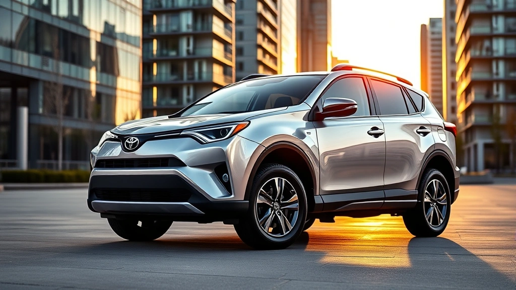 Professional photograph of a silver Toyota RAV4 compact SUV parked in a modern urban setting with contemporary buildings in background, shot during golden hour lighting, showcasing sleek design and compact proportions