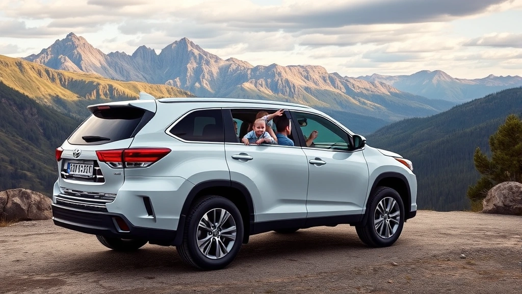 Family-oriented scene featuring a white Toyota Highlander three-row SUV at a scenic mountain overlook with multiple passengers visible through windows, representing spacious interior and family travel capabilities