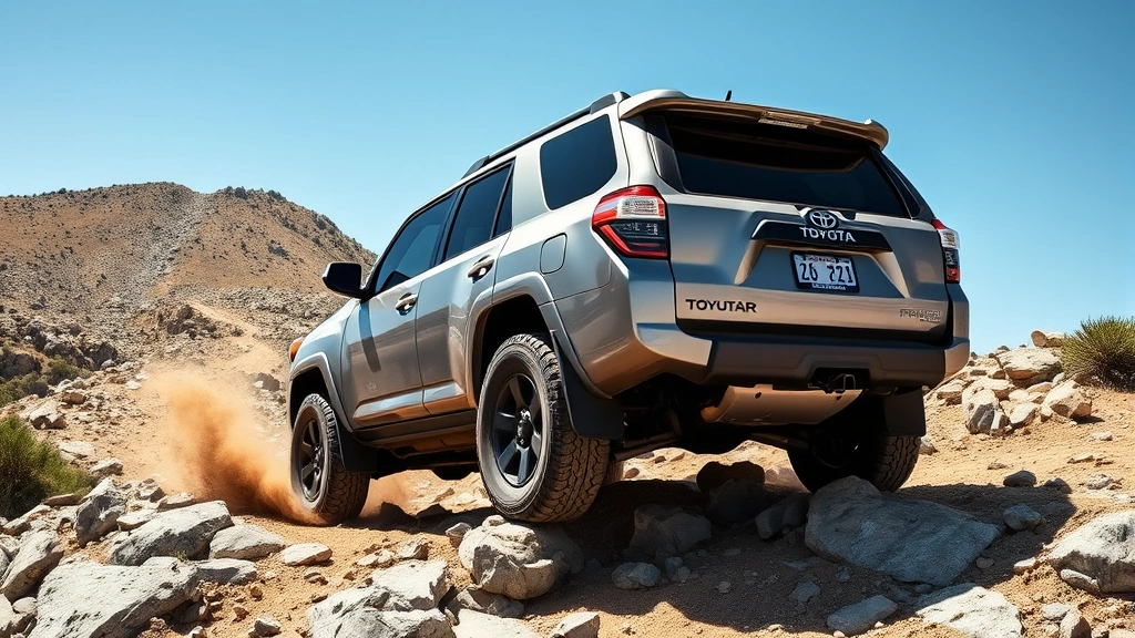 Dynamic action shot of a Toyota 4Runner full-size SUV navigating rocky terrain on a mountain trail, demonstrating off-road capability and rugged construction, with clear sky and natural landscape background