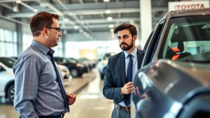 Professional dealership salesperson in business casual attire discussing truck features with male customer inside modern Toyota dealership showroom with bright lighting and multiple vehicles visible in background