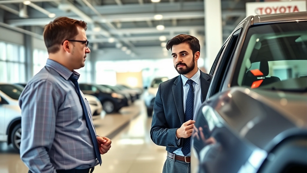 Professional dealership salesperson in business casual attire discussing truck features with male customer inside modern Toyota dealership showroom with bright lighting and multiple vehicles visible in background