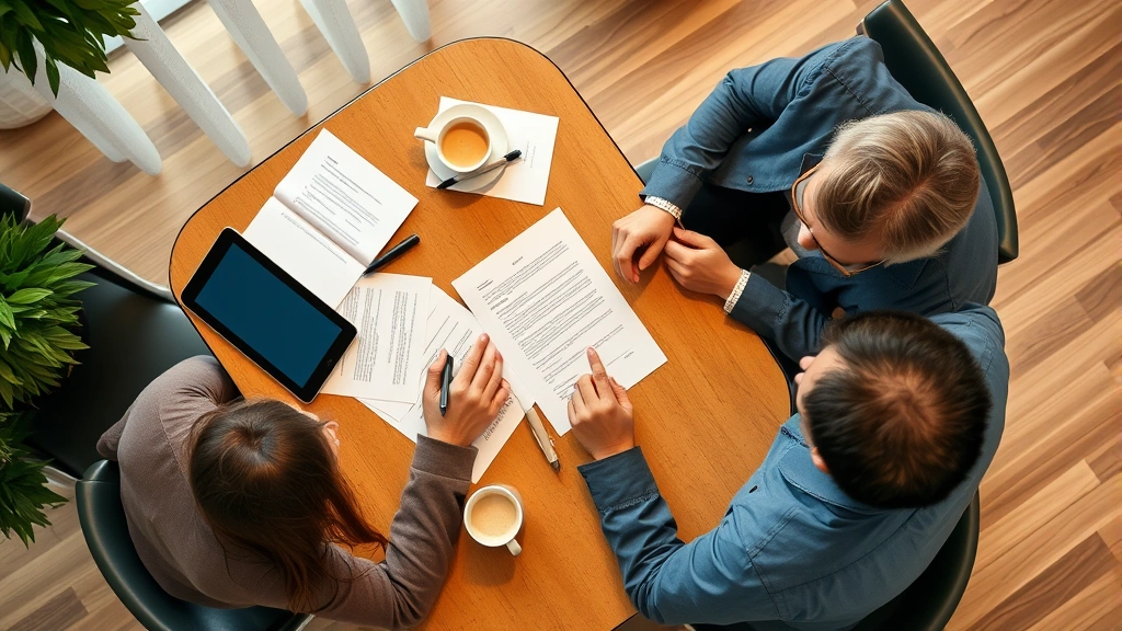 Overhead view of customer signing purchase agreement at dealership desk with salesperson, paperwork, tablet, and coffee cups visible, warm office lighting