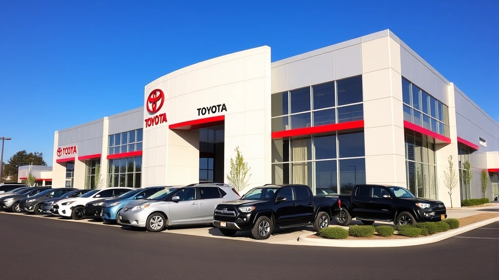 Exterior shot of modern Toyota franchise dealership building with multiple pickup trucks displayed on lot, blue sky, professional landscaping, dealership signage visible