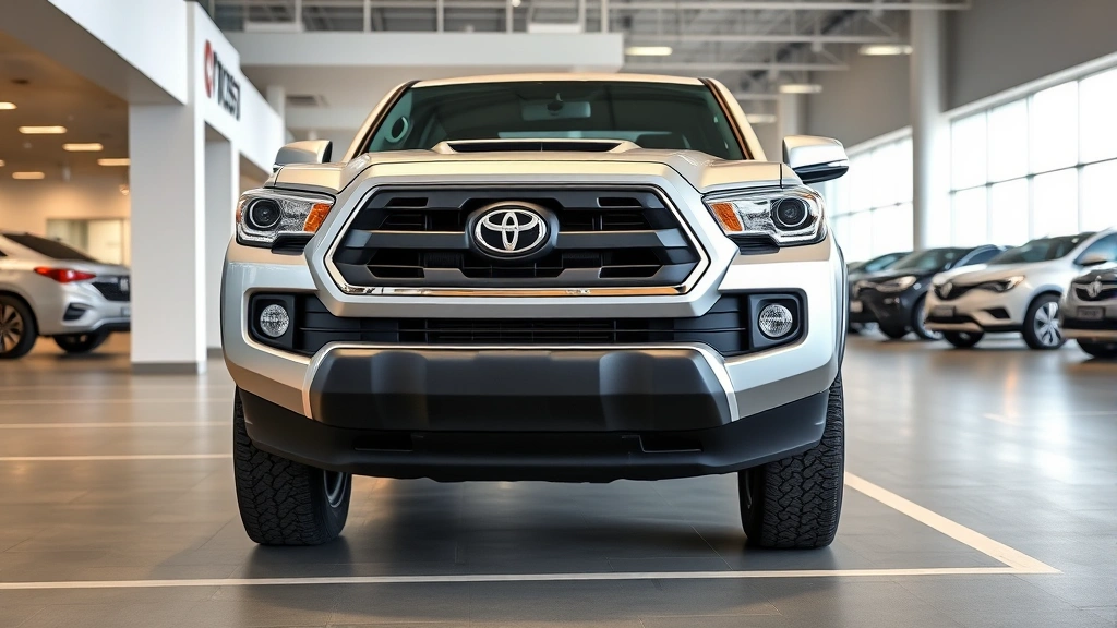 Professional photograph of a silver Toyota Tacoma SR truck parked in a modern dealership lot, showing the vehicle's front three-quarter view with clean lighting, professional setting, no signage or text visible, daytime setting