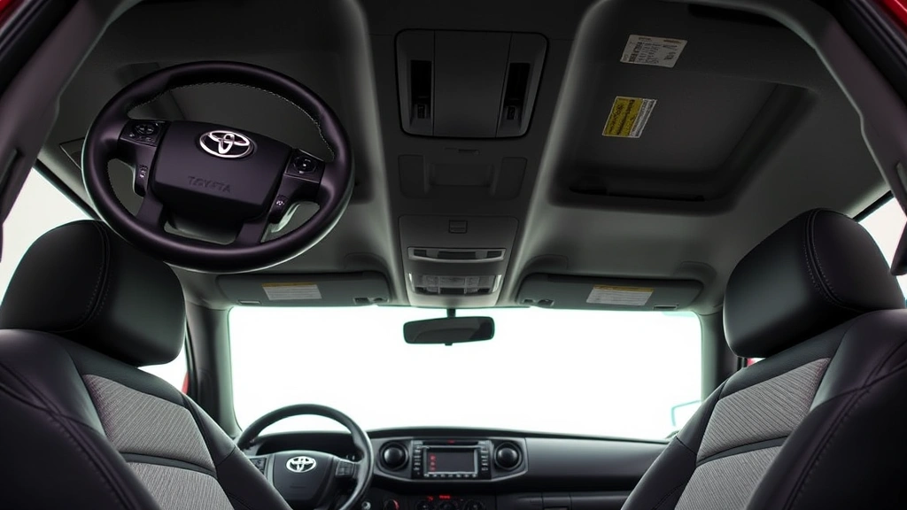 Close-up interior shot of Toyota Tacoma SR cabin showing steering wheel, dashboard, and front seating area, demonstrating build quality and interior features, neutral lighting, no visible text or logos