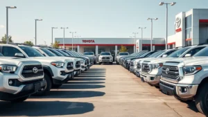 Professional automotive dealership lot with multiple clean Toyota Tacoma and Tundra trucks displayed in daylight, organized rows with clear visibility, modern facility background, business-focused composition