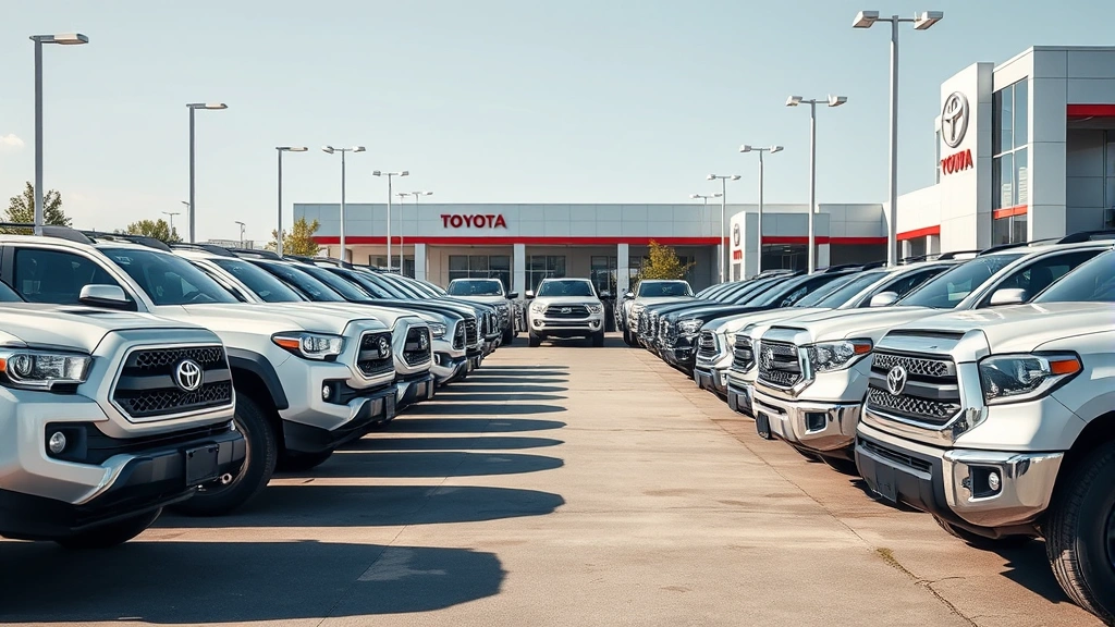 Professional automotive dealership lot with multiple clean Toyota Tacoma and Tundra trucks displayed in daylight, organized rows with clear visibility, modern facility background, business-focused composition