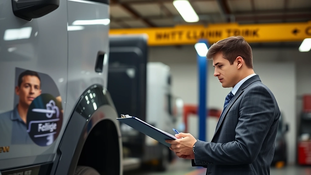 Business professional conducting detailed vehicle inspection with clipboard, examining truck exterior condition, professional lighting in dealership service area, focused analytical assessment