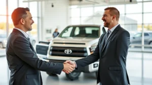 Professional automotive salesman shaking hands with male customer in modern dealership showroom with Toyota Tundra pickup truck visible in background, natural lighting through large windows