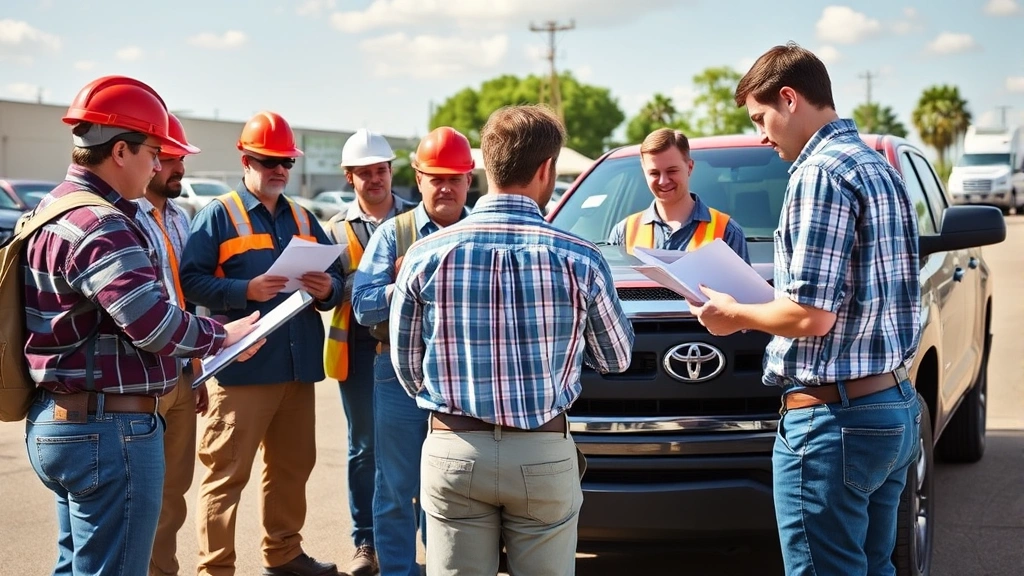 Diverse group of commercial contractors and business owners examining Toyota Tundra specifications in outdoor lot setting, reviewing truck features and payload capacity during daylight