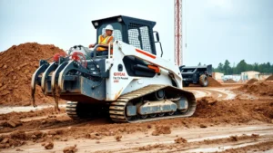 Professional contractor operating modern track skid steer loader on muddy construction site with multiple attachment implements visible, equipment in action performing earthmoving tasks