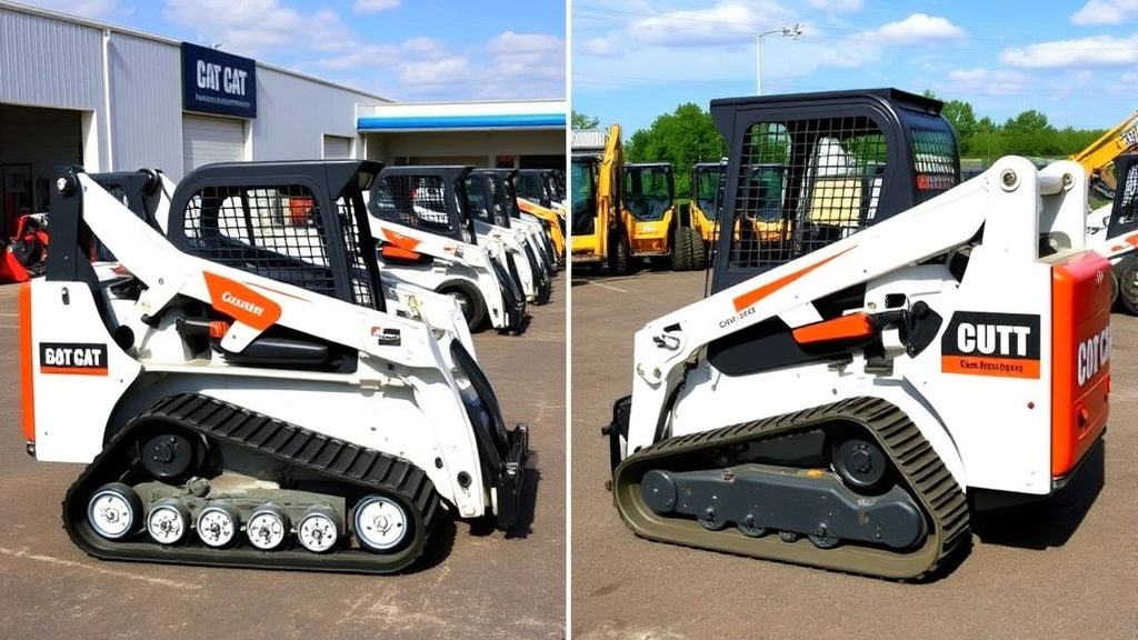 Side-by-side comparison display of various track skid steer models at outdoor equipment dealership, multiple machines parked showing different sizes and brands, bright daylight