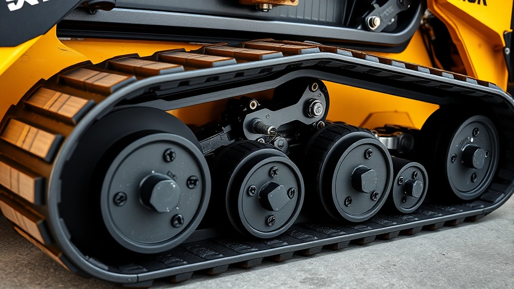 Close-up detailed view of advanced track system and hydraulic components on premium track skid steer, showing lugs and mechanical engineering, machinery detail shot