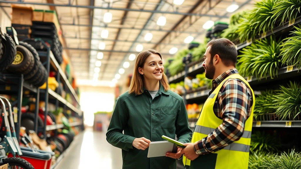 Professional retail sales associate assisting customer in agricultural supply store, both examining farming equipment, bright indoor lighting, modern warehouse-style retail environment with shelving and merchandise