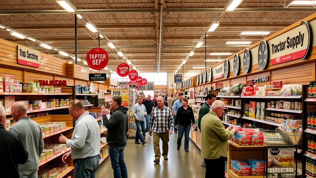 Busy Tractor Supply store interior with multiple customers shopping, sales associates restocking shelves and helping customers, organized merchandise displays, natural and artificial lighting, professional retail atmosphere