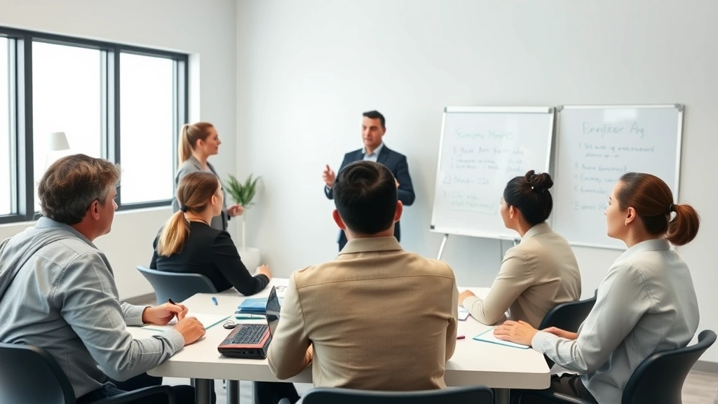 Sales associate team meeting or training session in break room, employees taking notes, manager presenting information on whiteboard, professional development setting, collaborative workplace environment