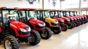 Professional dealer showroom displaying multiple modern tractors in various colors, photographed from front angle showing full vehicle profiles, bright daylight illuminating equipment, clean facility with organized display