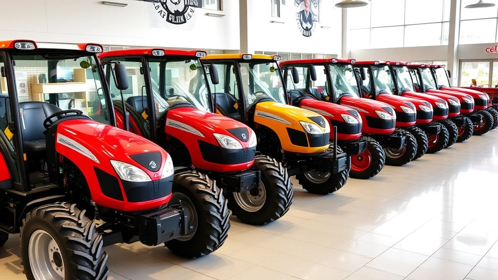 Professional dealer showroom displaying multiple modern tractors in various colors, photographed from front angle showing full vehicle profiles, bright daylight illuminating equipment, clean facility with organized display