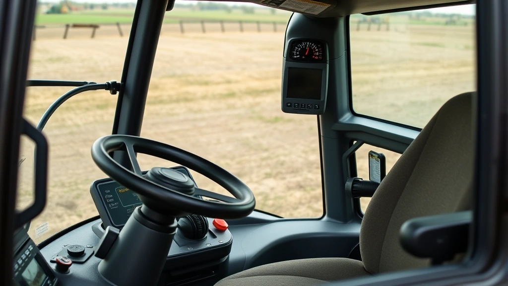 Close-up of modern tractor cab interior showing operator controls, dashboard instruments, steering wheel, and climate-controlled cabin features, professional agricultural equipment photography