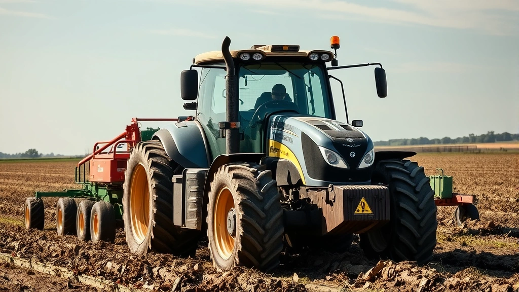 Tractor in active field operation performing agricultural work with attached implements, photographed during daytime in realistic farming environment showing equipment capability and scale