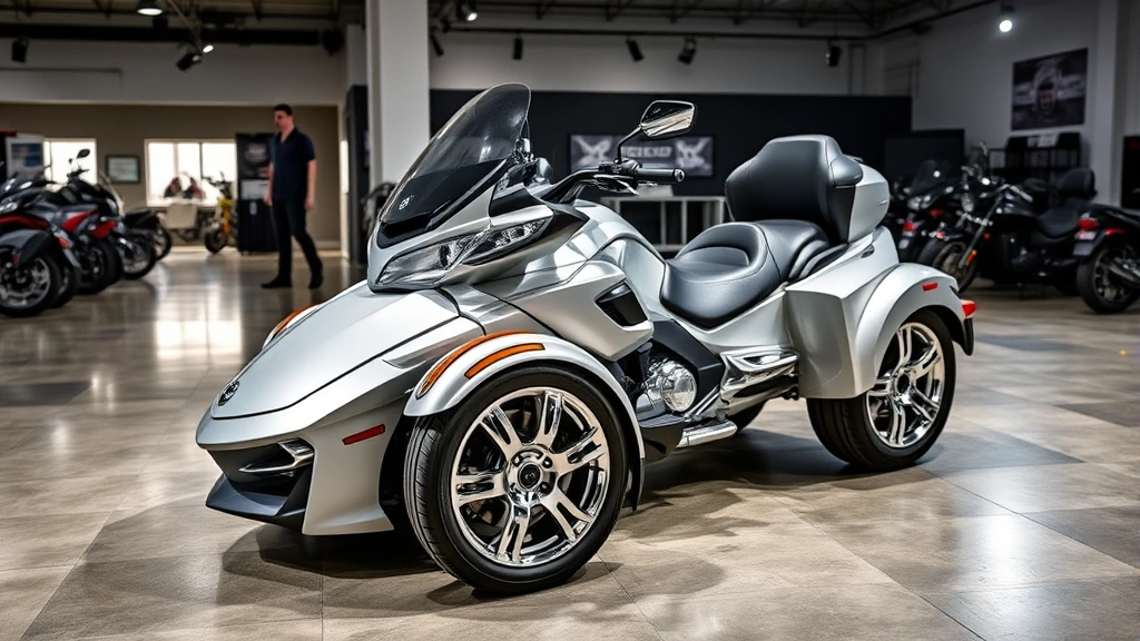 Professional three-wheeled trike motorcycle parked in modern dealership showroom with polished concrete floor, dramatic studio lighting highlighting chrome details and paint finish, salesperson in background