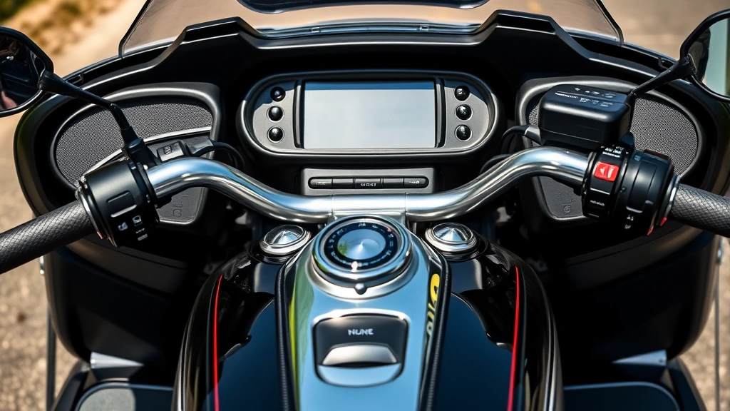 Close-up detail of premium trike motorcycle dashboard and controls showing digital infotainment screen, leather seating, and handlebar-mounted technology features in natural daylight