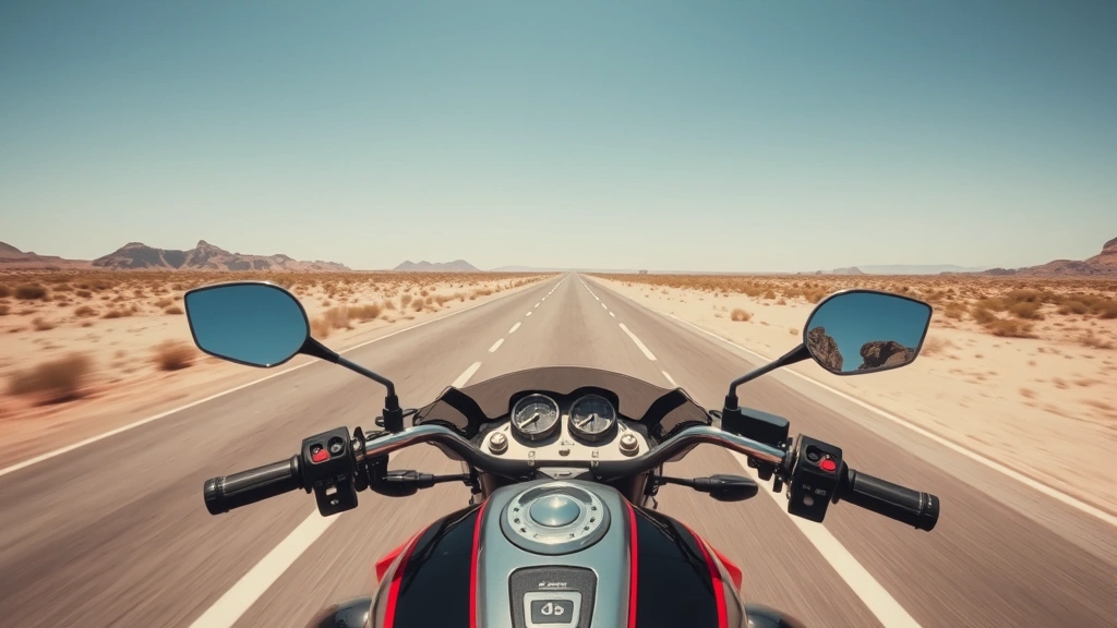 Aerial view of trike motorcycle on open highway with desert landscape background, rider's perspective showing road ahead, clear sunny weather, showcasing stability and riding experience