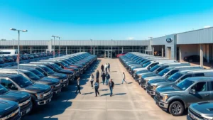 Professional truck dealer lot with multiple pickup trucks displayed in rows, natural daylight, clear blue sky, customers walking between vehicles examining trucks, modern dealership setting, photorealistic automotive inventory scene