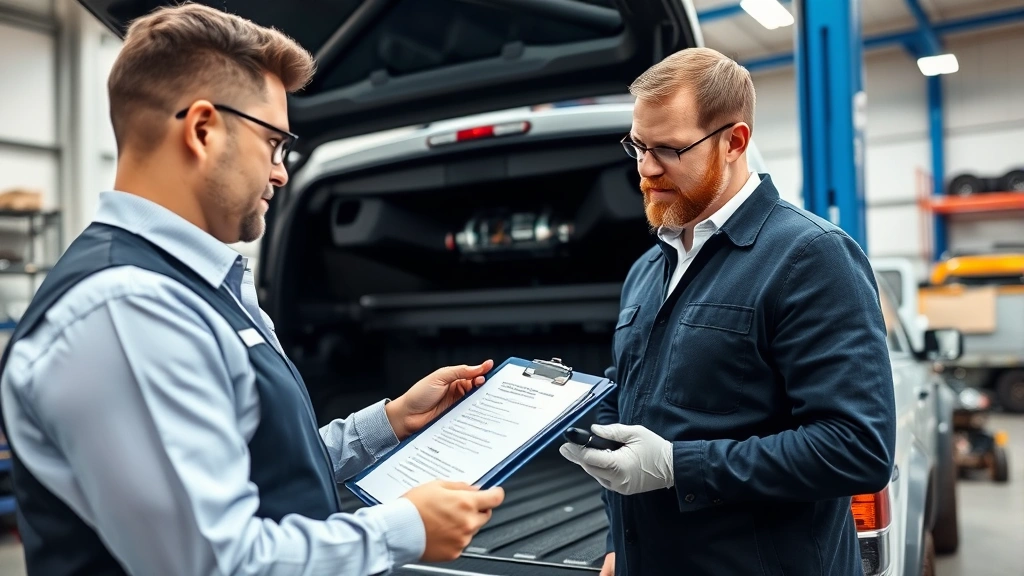 Business-focused image of a truck owner conducting vehicle inspection with clipboard and diagnostic tools, examining truck bed and mechanical components, professional attire, clean automotive workshop setting, no text or labels