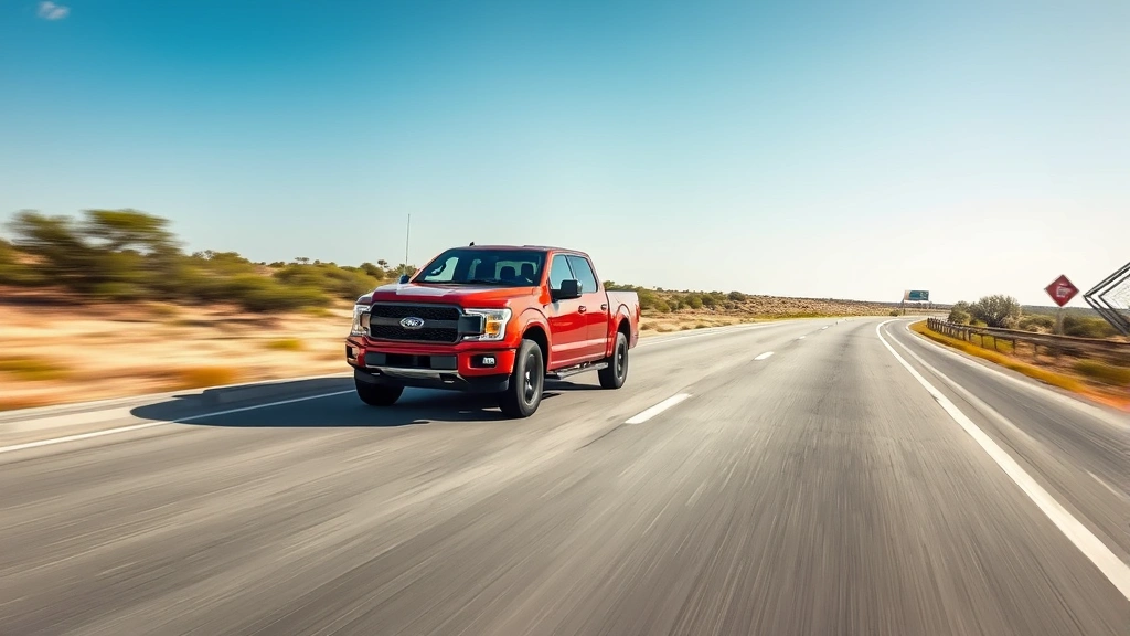 Dynamic photograph of a pickup truck on a Texas highway with open landscape, demonstrating real-world usage capability, clear weather conditions, professional commercial automotive photography style, no visible text or signage