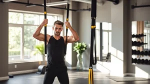 Professional fitness trainer demonstrating TRX suspension training equipment in a modern gym setting with natural lighting, showing proper form and core engagement during exercise