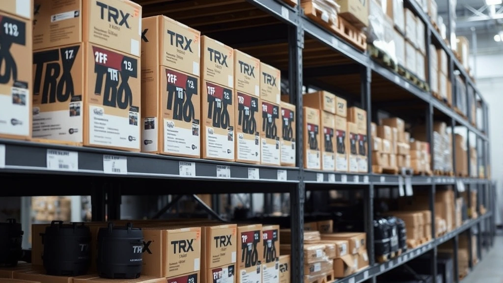 Organized warehouse shelves stocked with neatly arranged TRX suspension trainers in branded packaging, with inventory management systems visible, representing supply chain operations