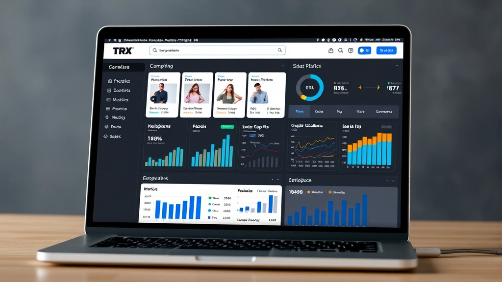 Laptop screen displaying e-commerce marketplace dashboard with TRX product listings, competitor pricing analysis, and sales metrics charts showing business analytics and performance data