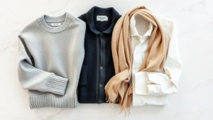 Overhead flat lay of luxury casual clothing folded neatly including sweaters, linen shirts, and scarves in neutral tones on marble surface, suggesting organized wardrobe curation