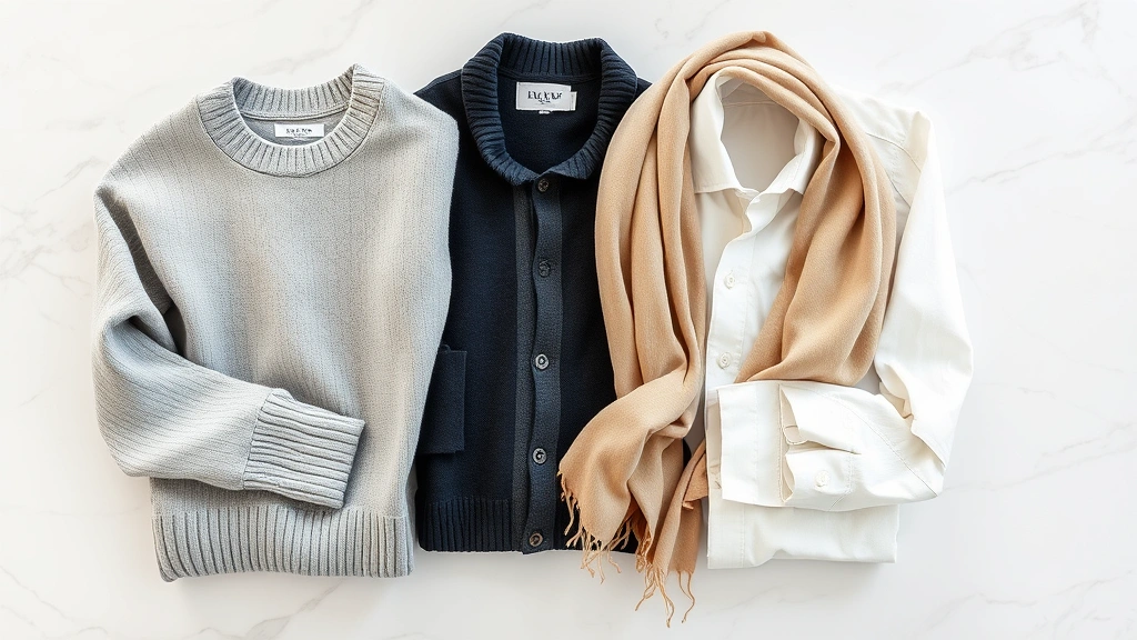 Overhead flat lay of luxury casual clothing folded neatly including sweaters, linen shirts, and scarves in neutral tones on marble surface, suggesting organized wardrobe curation