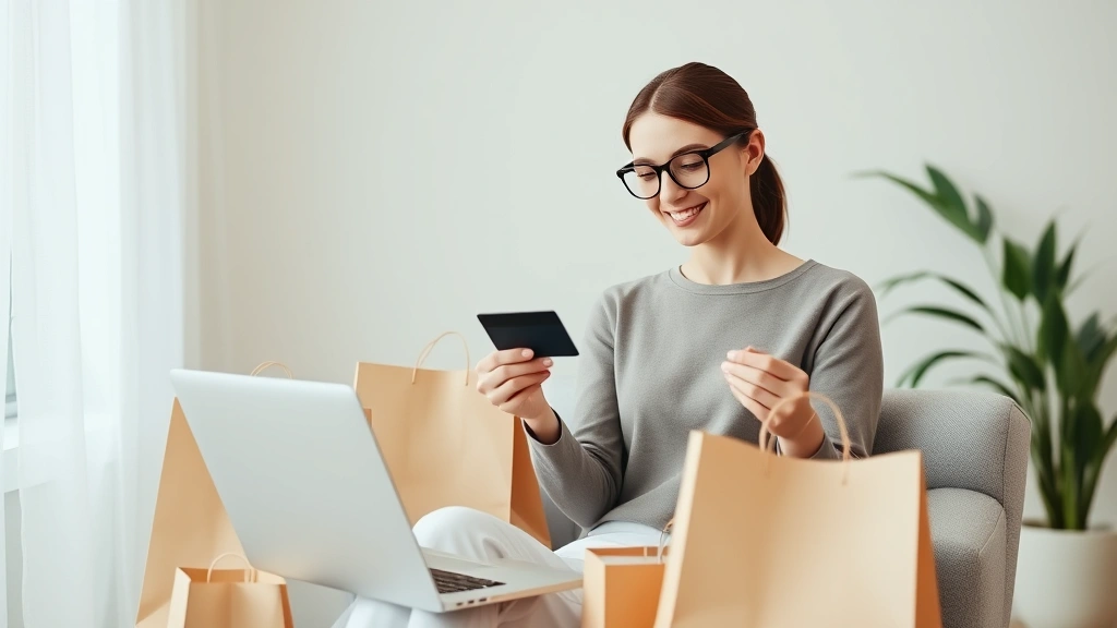 Woman in minimalist home office reviewing shopping on laptop with credit card nearby, surrounded by neutral-colored shopping bags, embodying smart digital shopping strategy