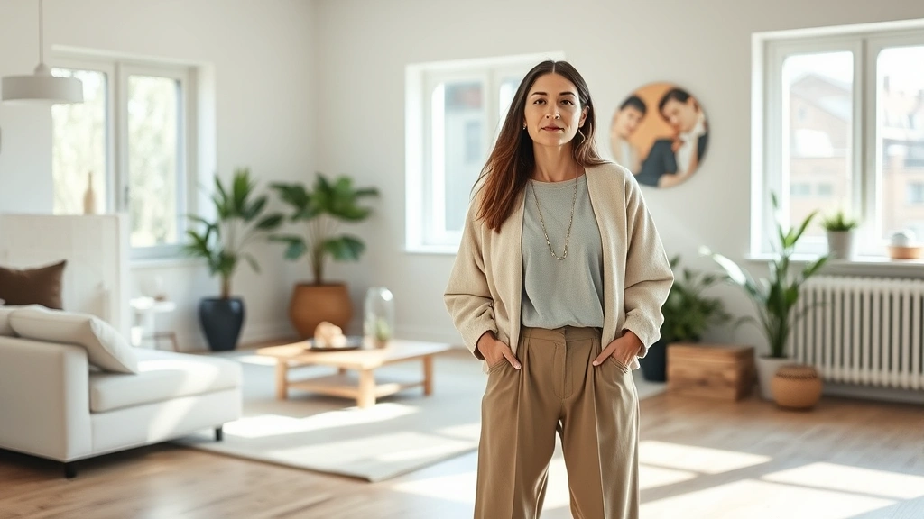 Professional lifestyle photograph of a woman wearing elevated basics and timeless neutral-toned clothing items in a modern, minimalist home setting with natural light streaming through windows