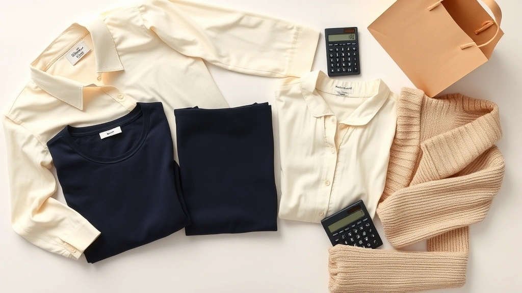 Overhead flat lay composition featuring folded Tuckernuck-style clothing pieces including cream-colored blouses, navy basics, and beige sweaters arranged artfully with a shopping bag and calculator on white background