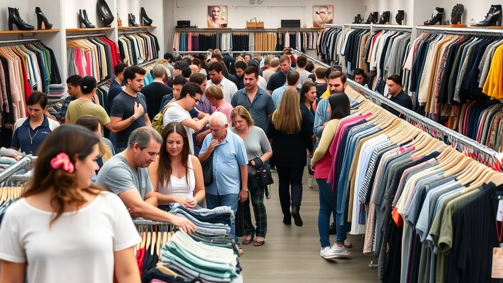 Busy retail sample sale environment showing diverse shoppers browsing organized clothing racks and shelves filled with merchandise, natural lighting, professional and energetic atmosphere