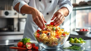 Professional chef preparing fresh tuna pasta salad in commercial kitchen, hands tossing colorful ingredients in large stainless steel bowl, bright natural lighting highlighting vibrant vegetables and pasta