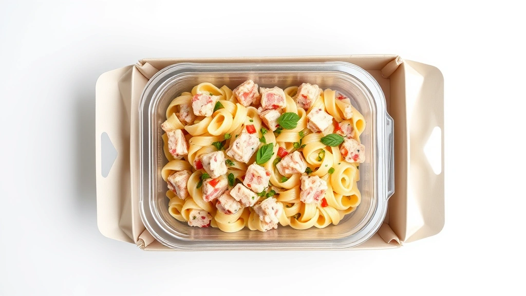 Overhead flat lay of tuna pasta salad in transparent food container with ice packs and insulated shipping box, professional product photography style, clean white background