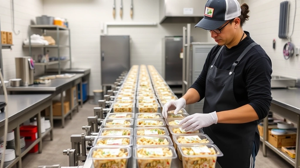 Small business owner packaging tuna pasta salad containers on production line, applying labels, organized commercial kitchen with stainless steel counters and proper food safety setup