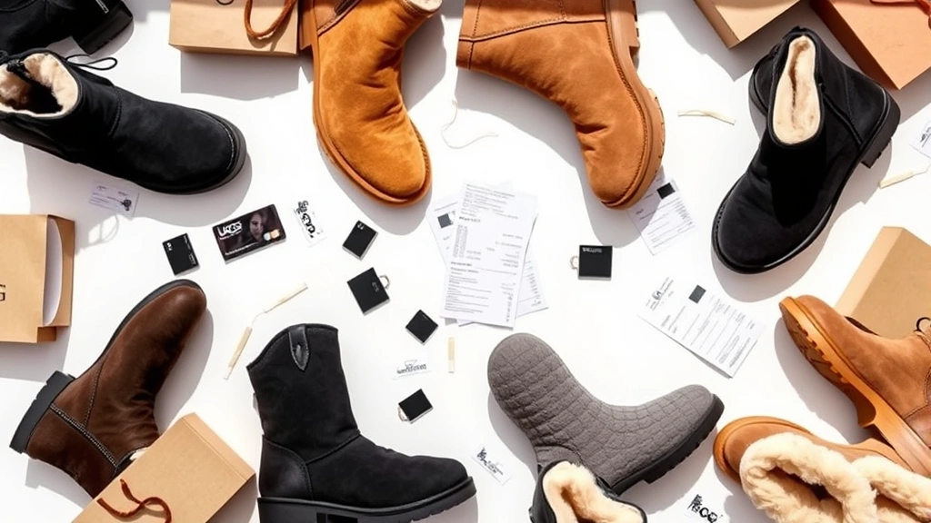 Overhead flat-lay composition of multiple UGG boot styles in different colors (black, chestnut, sand, grey) arranged artfully with shopping bags, credit cards, and receipts scattered around, bright natural daylight