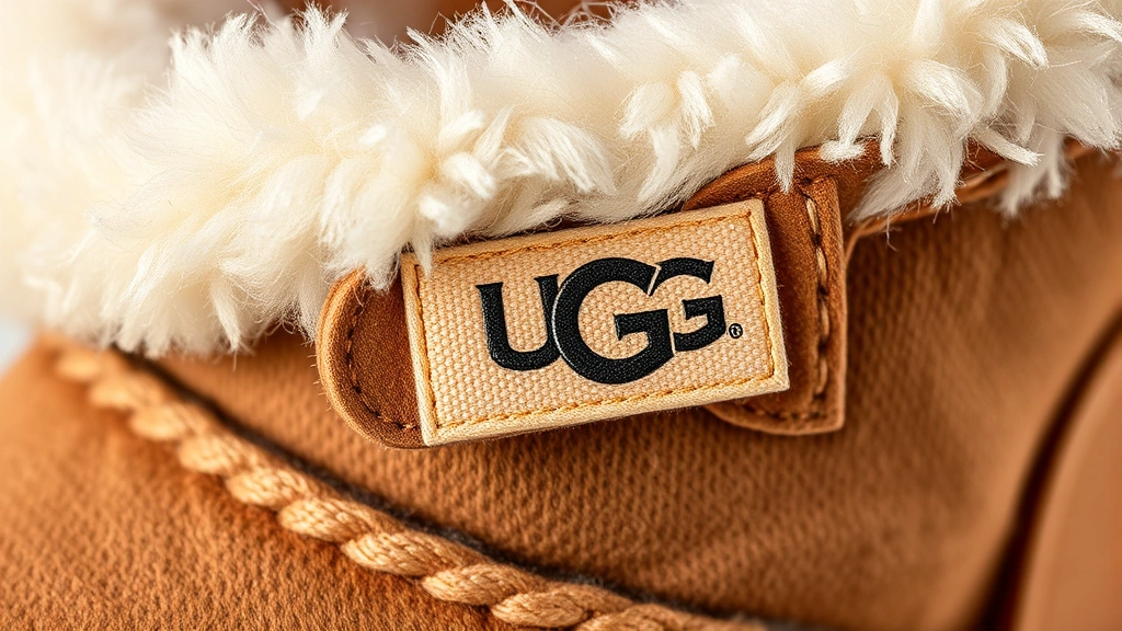 Close-up detailed shot of authentic UGG boot construction showing premium sheepskin texture, stitching details, and UGG logo on tongue tag, professional macro photography with soft diffused lighting
