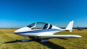 Modern ultralight aircraft parked on grass airfield with blue sky background, sleek aerodynamic design, two-seat configuration, white and blue exterior paint scheme, professional aviation photography