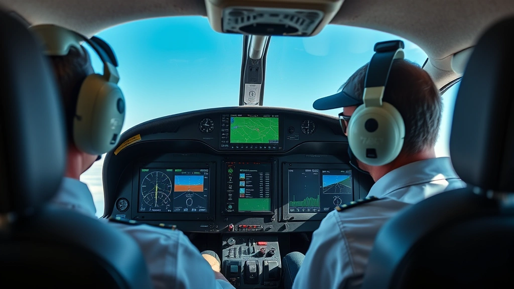 Pilot in cockpit of ultralight aircraft with modern glass cockpit avionics display, showing GPS navigation screens and engine monitoring systems, professional interior photography highlighting technology