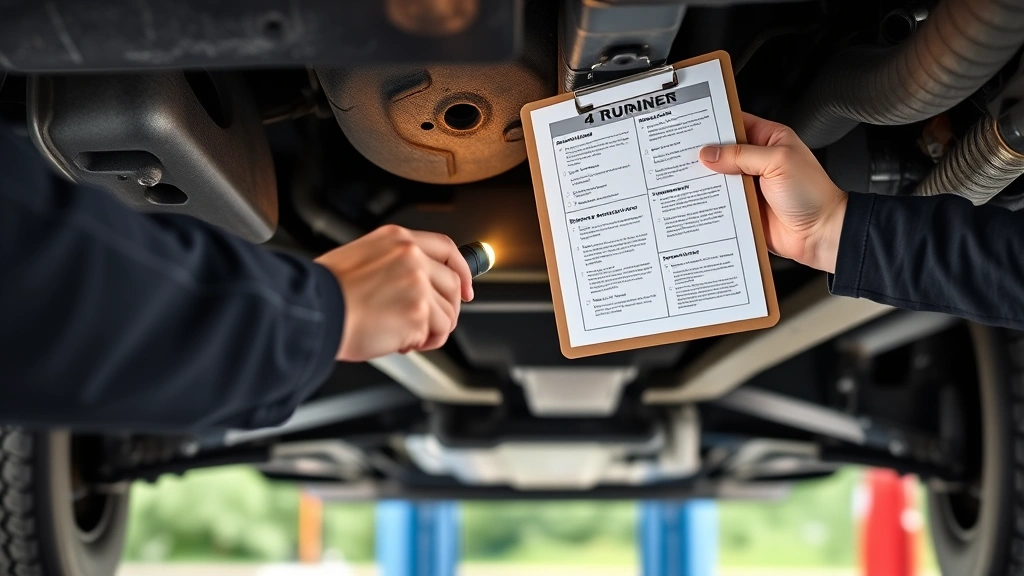 Close-up of hands holding vehicle inspection checklist and clipboard while examining 4Runner undercarriage with flashlight, professional automotive diagnostic setting, natural lighting