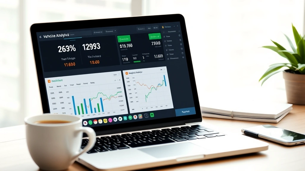 Split-screen comparison of laptop displaying vehicle pricing analytics dashboard and spreadsheet with market data, coffee cup nearby, professional workspace setup, focus on data visualization